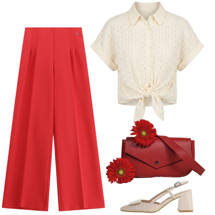 Outfit donna - Watermelon. Stile Casual chic per Ufficio. Abbinamento con décolleté, pantaloni a palazzo, borse a tracolla, camicie a manica corta.