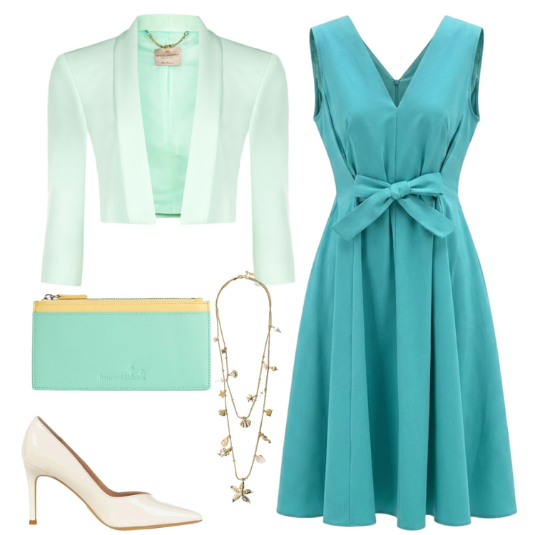 Outfit donna - Verde. Stile Chic per Cerimonia. Abbinamento con portafogli, vestiti midi/longuette, bolero, décolleté, collane.