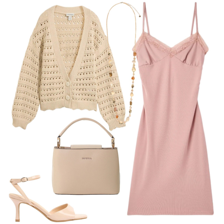 Outfit donna - In rosa. Stile Chic per Serata fuori. Abbinamento con sandali col tacco, cardigans, vestiti a tubino, borse a secchiello, collane.