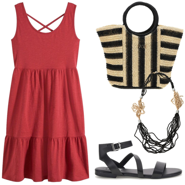 Outfit donna - L\' abito protagonista. Stile Urban per Tutti i giorni. Abbinamento con vestiti, collane, sandali, borse a mano.