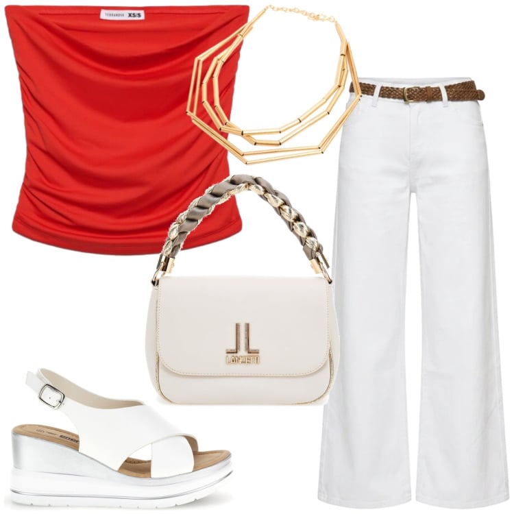 Outfit donna - In città. Stile Chic per Tutti i giorni. Abbinamento con top, pantaloni, collane, zeppe, borse a tracolla.