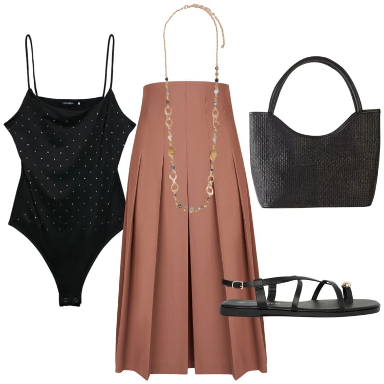 Outfit donna - Total look #2428964. Stile Chic per Serata fuori. Abbinamento con shopping bag, sandali, top, collane, gonne longuette.