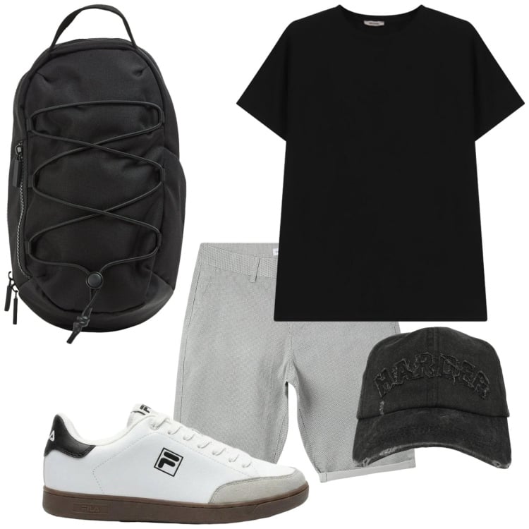 Outfit uomo - Weekend fuori. Stile Casual per Tutti i giorni. Abbinamento con sneakers, pantaloni corti, cappelli con visiera, borse sportive, t-shirt.