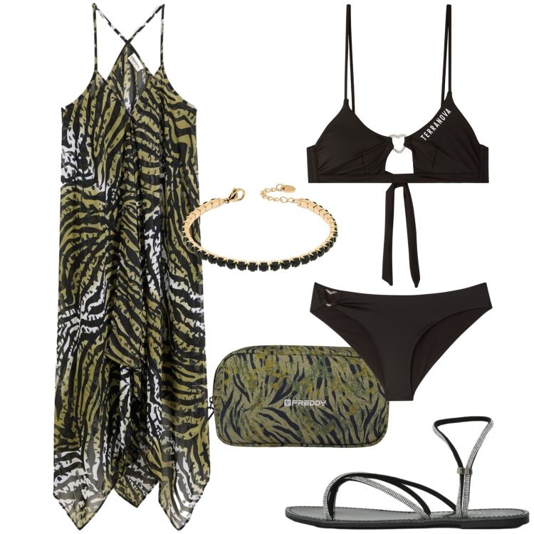 Outfit donna - Total look #2428967. Stile Etnico per Mare. Abbinamento con vestiti da spiaggia, bikini, bikini, sandali, valigie, braccialetti.