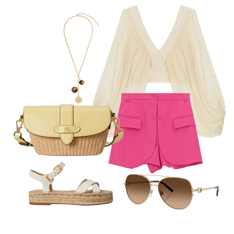 Outfit donna - Luglio. Stile Glamour per Tutti i giorni. Abbinamento con shorts, top, occhiali da sole, espadrillas, borse a tracolla, collane.