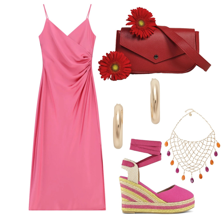 Outfit donna - Luglio. Stile Trendy per Tutti i giorni. Abbinamento con vestiti midi/longuette, collane, borse a tracolla, orecchini, espadrillas.