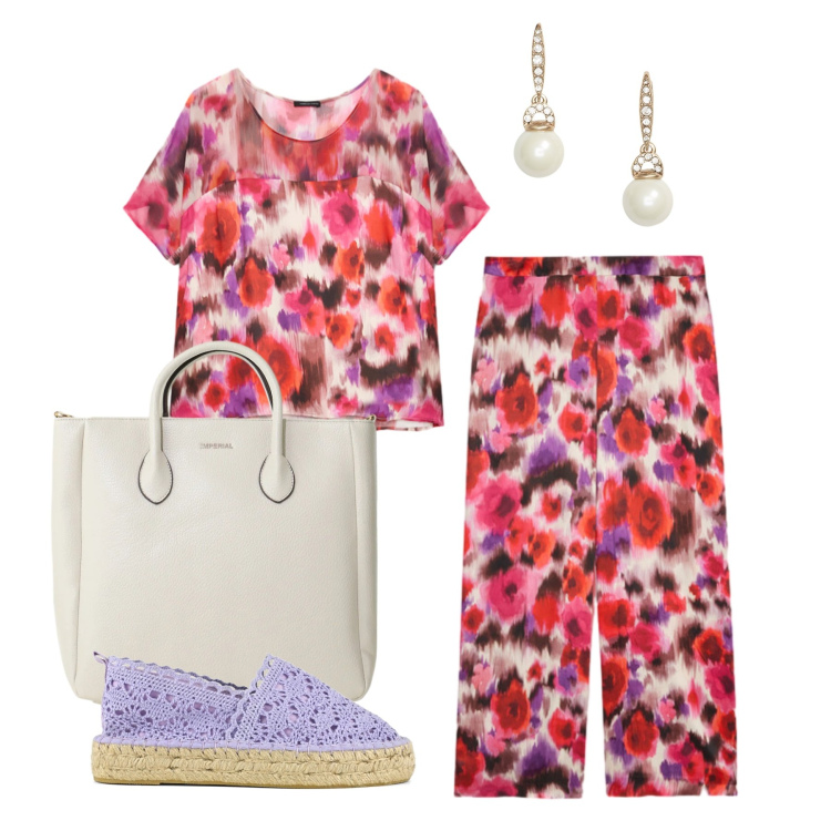 Outfit donna - Luglio. Stile Casual chic per Tutti i giorni. Abbinamento con bluse, pantaloni a palazzo, orecchini, borse a tracolla, espadrillas.