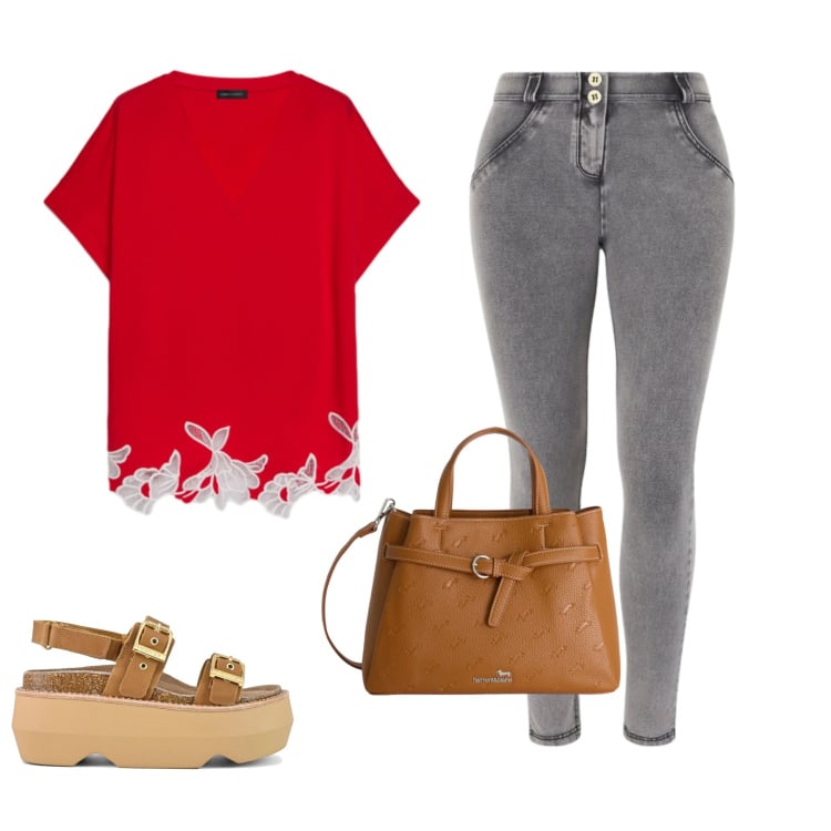 Outfit donna - Rosso e grigio. Stile Minimal per Tutti i giorni. Abbinamento con borse a mano, t-shirt, jeggings, sandali col tacco.