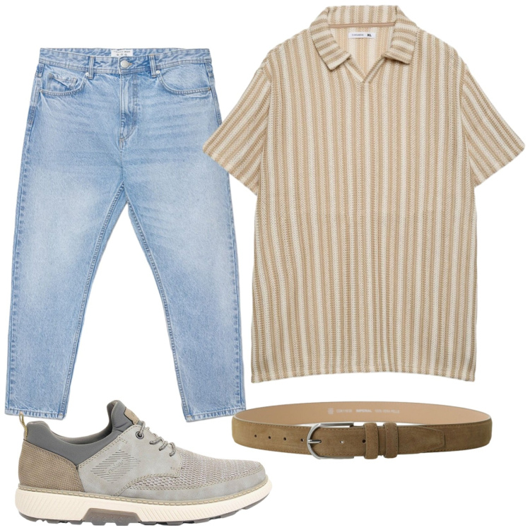 Outfit uomo - Estate a righe. Stile Trendy per Tutti i giorni. Abbinamento con sneakers, jeans, polo, cinture.