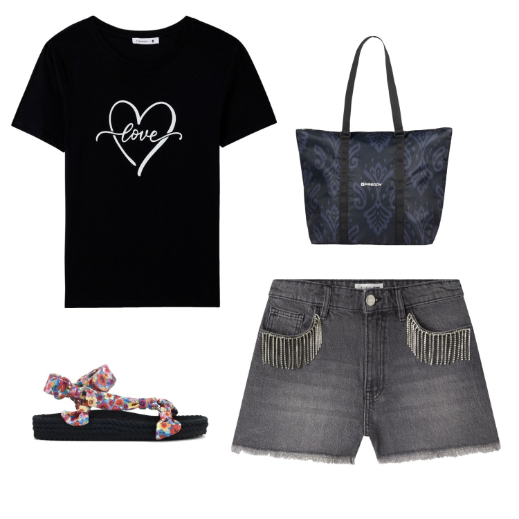 Outfit donna - Urban Love. Stile Casual per Tutti i giorni. Abbinamento con shorts, t-shirt, shopping bag, sandali.