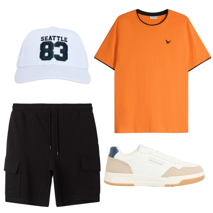 Outfit uomo - Relax lungomare. Stile Casual per Tutti i giorni. Abbinamento con sneakers, t-shirt, cappelli, bermuda.