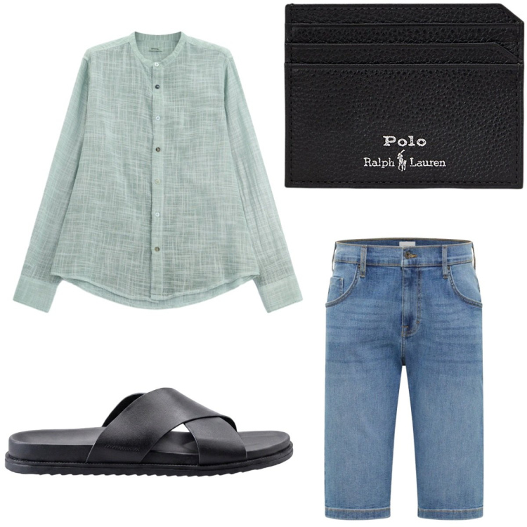 Outfit uomo - Lino in città. Stile Casual per Tutti i giorni. Abbinamento con bermuda, portafogli, sandali, camicie.