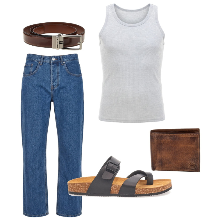Outfit uomo - Per farsi notare. Stile Casual per Tutti i giorni. Abbinamento con sandali, cinture, portafogli, jeans, canottiere.