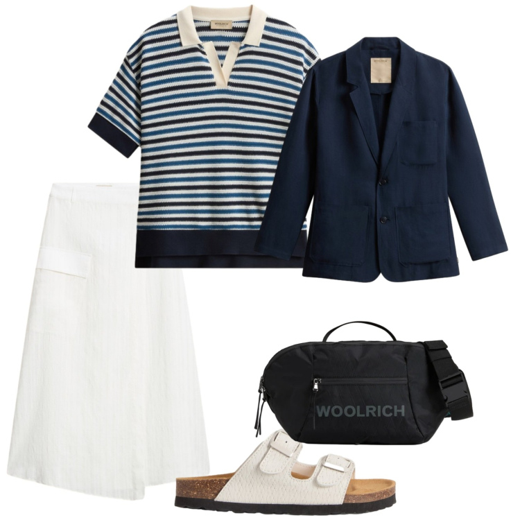 Outfit donna - Estate Woolrich. per Tutti i giorni. Abbinamento con blazer, sandali in pelle, borse a tracolla, gonne, polo.