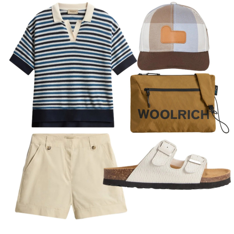 Outfit donna - Woolrich - Summer Layers. Stile Trendy per Tutti i giorni. Abbinamento con borse a tracolla, cappelli con visiera, pantaloni corti, sandali in pelle, polo.