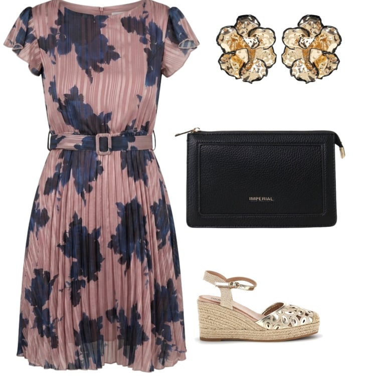 Outfit donna - Summer. per Ufficio. Abbinamento con borse a tracolla, orecchini, vestiti corti, zeppe.