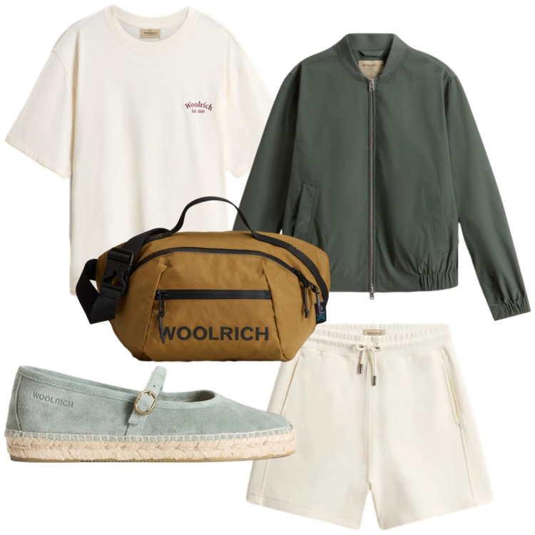 Outfit donna - Woolrich - Summer Layers. Stile Minimal per Tutti i giorni. Abbinamento con t-shirt, shorts, borse a tracolla, espadrillas, bomber.