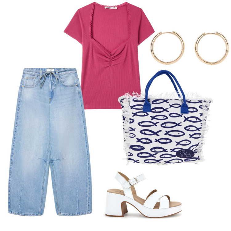Outfit donna - Pink Summer. per Tutti i giorni. Abbinamento con orecchini, jeans, t-shirt, shopping bag, sandali col tacco.