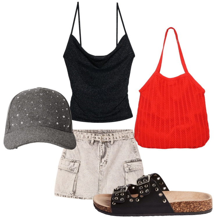 Outfit donna - Terranova - Summer Essentials. Stile Casual per Tutti i giorni. Abbinamento con ciabatte, cappelli con visiera, canottiere, shopping bag, minigonne.