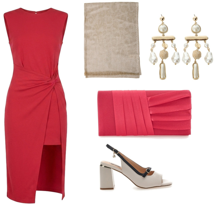 Outfit donna - Matrimonio a luglio. per Cerimonia. Abbinamento con orecchini, vestiti asimmetrici, stole, sandali col tacco, pochette.
