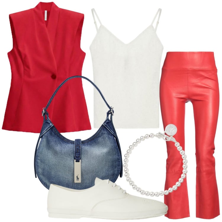 Outfit donna - Effetto luminoso. Stile Trendy per Tutti i giorni. Abbinamento con leggings, top, gilet, braccialetti, borse a spalla, sneakers.