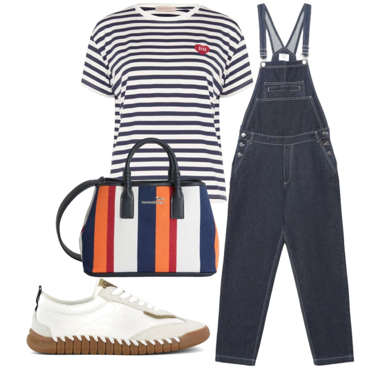 Outfit donna - Casual. Stile Casual per Tutti i giorni. Abbinamento con shopping bag, salopette, t-shirt, sneakers.