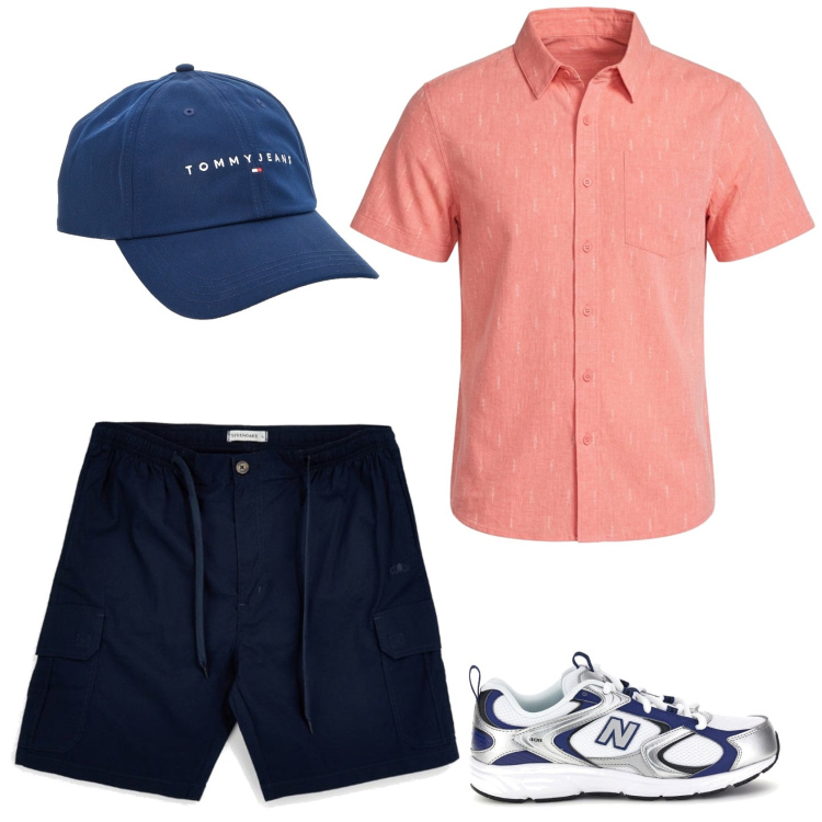 Outfit uomo - Summer. Stile Casual per Tutti i giorni. Abbinamento con cappelli con visiera, sneakers, shorts, camicie a manica corta.