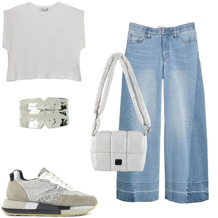 Outfit donna - Total look #2429029. Stile Trendy per Tutti i giorni. Abbinamento con jeans, braccialetti, top, borse a spalla, sneakers.