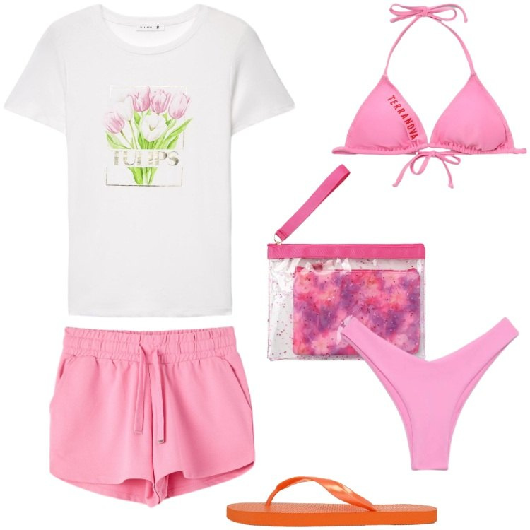 Outfit donna - Total look #2429031. Stile Romantica per Mare. Abbinamento con pochette, t-shirt, shorts, infradito, bikini, bikini.