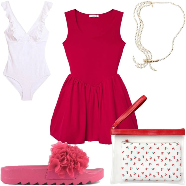 Outfit donna - Watermelon Pink: al mare. Stile Trendy per Mare. Abbinamento con costumi interi, vestiti corti, pochette, collane, ciabatte.