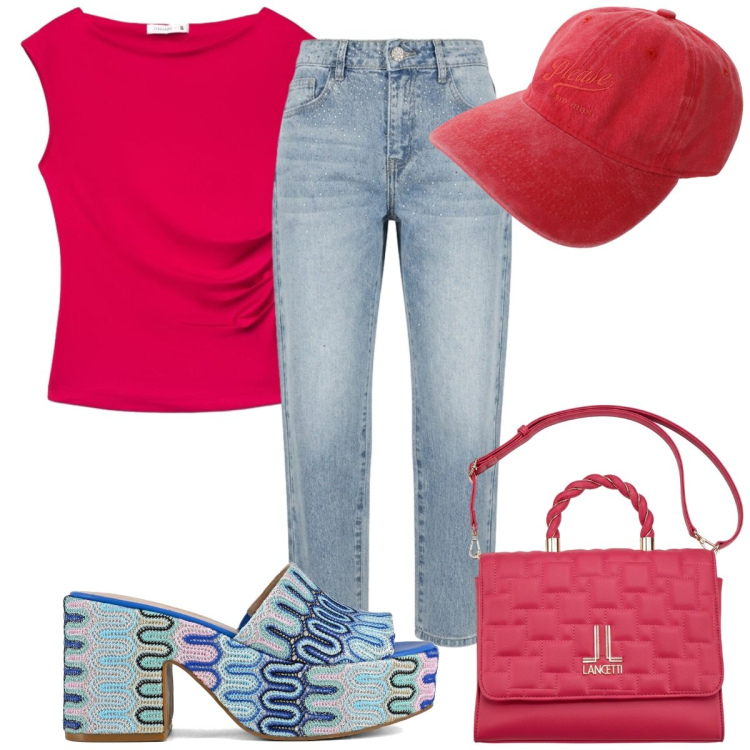 Outfit donna - Watermelon Pink : casual. Stile Casual per Tutti i giorni. Abbinamento con t-shirt, cappelli, jeans, sabot, borse a mano.