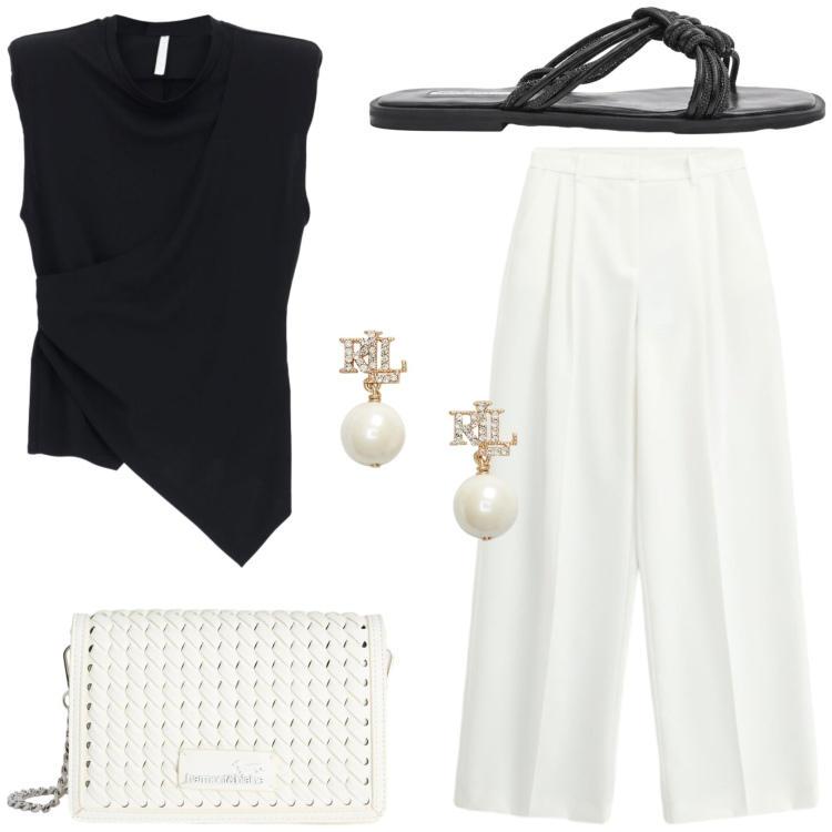 Outfit donna - Bianco e nero mix vincente. Stile Chic per Tutti i giorni. Abbinamento con borse a tracolla, orecchini, sandali, pantaloni a palazzo, top.