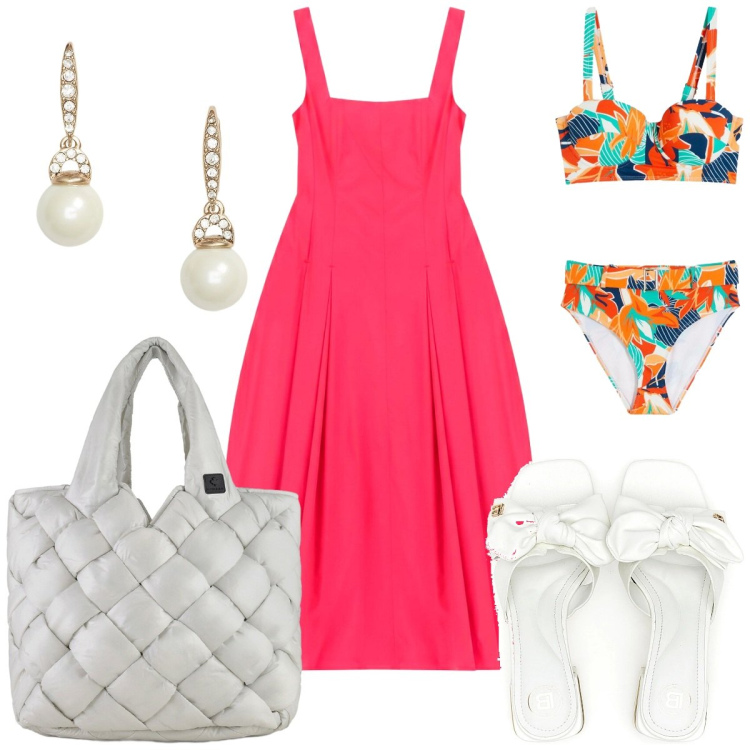 Outfit donna - Watermelon Pink : estate a colori. Stile Trendy per Mare. Abbinamento con bikini, vestiti midi/longuette, orecchini, borse tote, ciabatte.