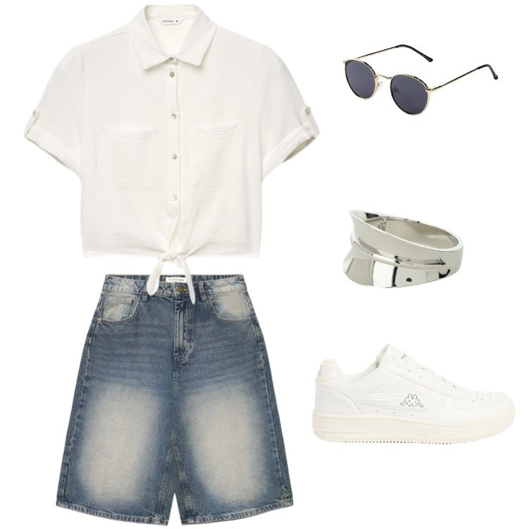 Outfit donna - Total look #2429040. Stile Basic per Tutti i giorni. Abbinamento con occhiali da sole, sneakers, camicie a manica corta, pantaloni corti, braccialetti.