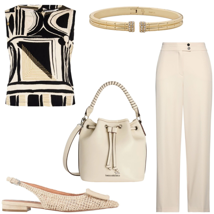 Outfit donna - Comfy look e colori neutri. Stile Chic per Tutti i giorni. Abbinamento con pantaloni, ballerine, borse a secchiello, top, braccialetti.
