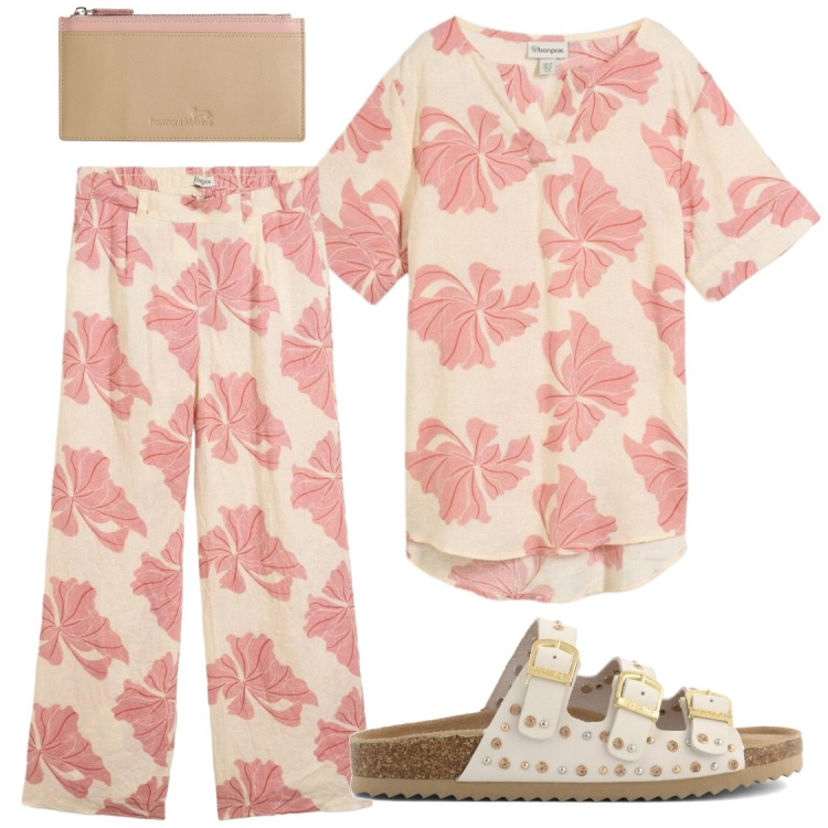 Outfit donna - Serate in comfort. Stile Casual chic per Tutti i giorni. Abbinamento con pantaloni, bluse, portafogli, sandali.