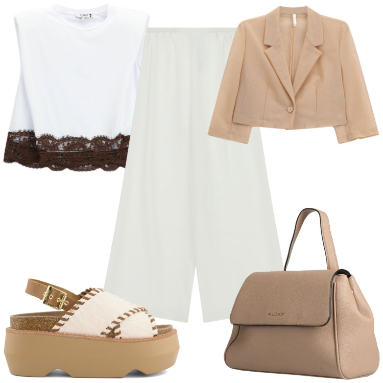 Outfit donna - Giornate calde in città: ufficio. Stile Casual per Ufficio. Abbinamento con zaini, blazer, pantaloni a palazzo, top, zeppe.