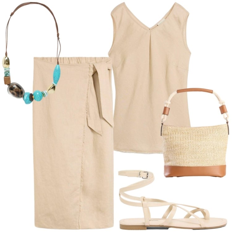 Outfit donna - Dal mattino a sera Lino comfort. Stile Chic per Ufficio. Abbinamento con gonne longuette, canottiere, borse a mano, sandali, collane.