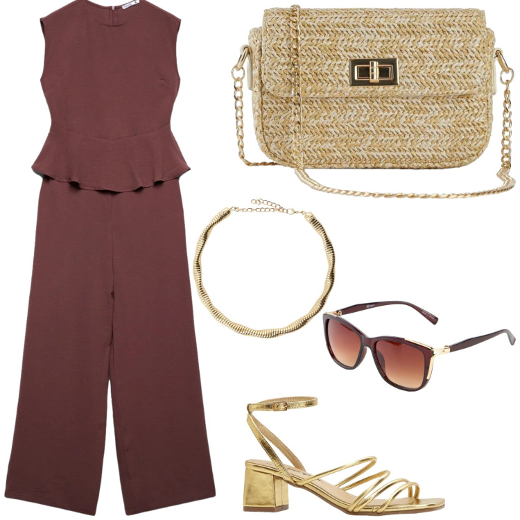 Outfit donna - Workwear. Stile Chic per Ufficio. Abbinamento con sandali col tacco, occhiali da sole, borse a tracolla, tute, collane.