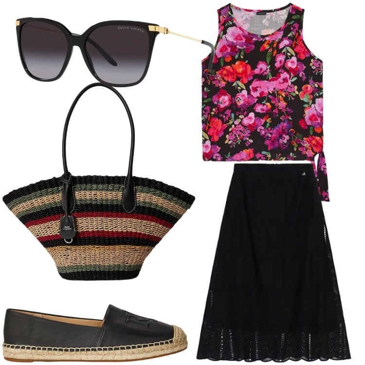 Outfit donna - Gitana chic. Stile Boho per Tutti i giorni. Abbinamento con gonne lunghe, top, occhiali da sole, espadrillas, borse tote.