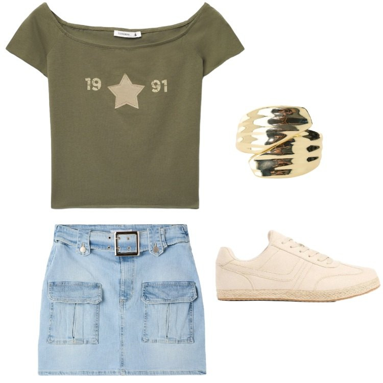 Outfit donna - Total look #2429058. Stile Military per Tutti i giorni. Abbinamento con sneakers, t-shirt, minigonne, anelli.