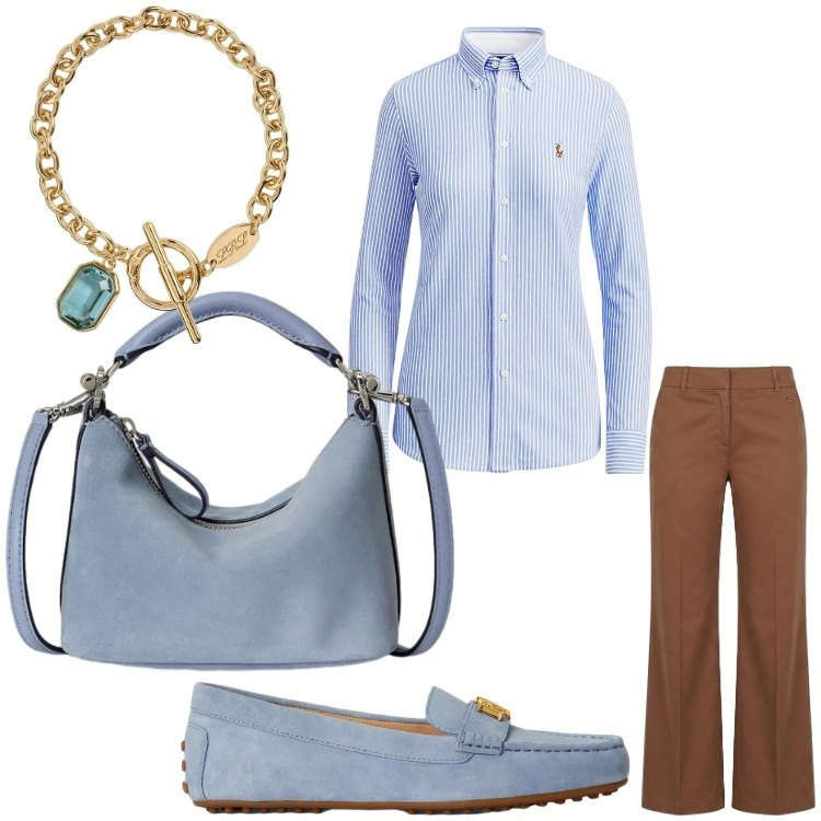 Outfit donna - In ufficio. Stile Mannish per Ufficio. Abbinamento con pantaloni, camicie, mocassini, borse a spalla, braccialetti.