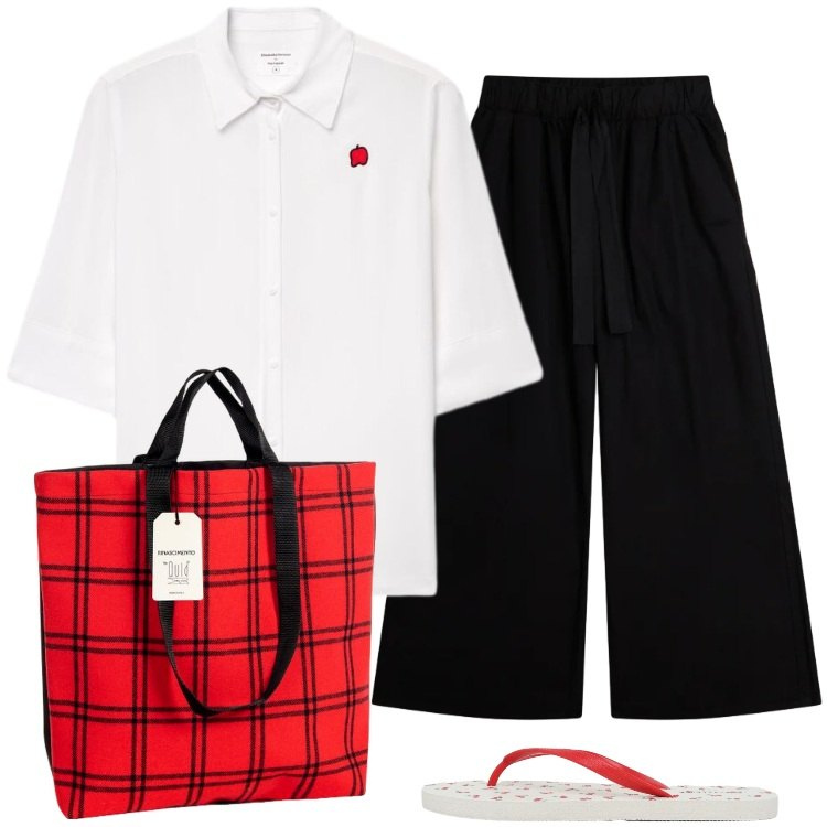 Outfit donna - Total look #2429062. Stile Trendy per Tutti i giorni. Abbinamento con camicie a manica corta, infradito, borse tote, pantaloni.