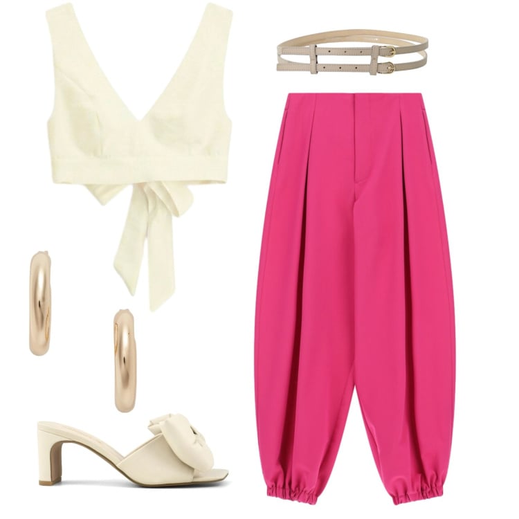 Outfit donna - Wstermelon pink. Stile Casual chic per Tutti i giorni. Abbinamento con pantaloni a palazzo, cinture, top, orecchini, sandali col tacco.