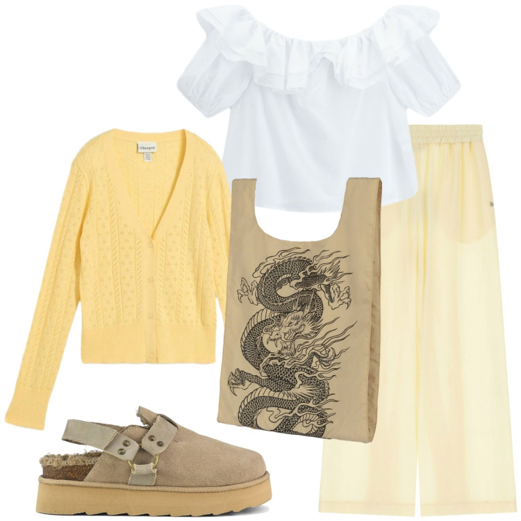 Outfit donna - Top con rouches. Stile Bon Ton per Tutti i giorni. Abbinamento con cardigans, pantaloni, bluse, shopping bag, sabot.