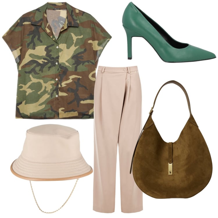 Outfit donna - Camouflage glam. Stile Urban per Tutti i giorni. Abbinamento con décolleté, cappelli, pantaloni a palazzo, camicie a manica corta, borse a spalla.