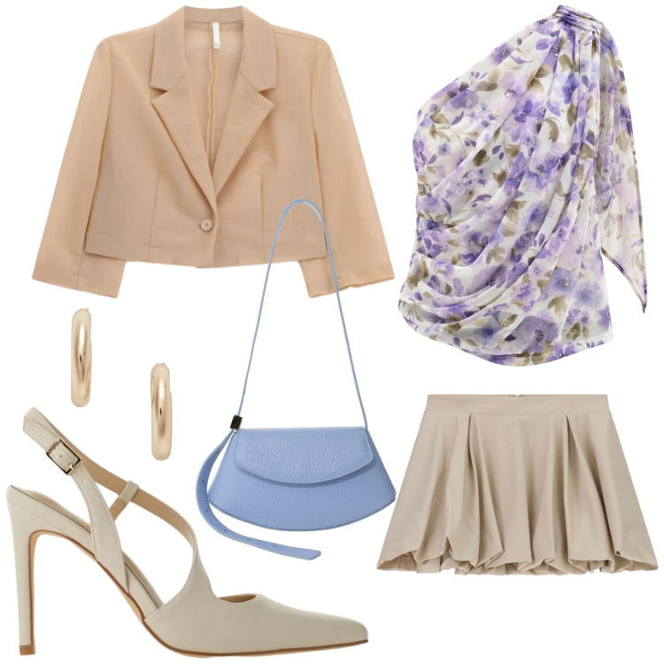 Outfit donna - Cerimonia con fantasia. Stile Romantica per Cerimonia. Abbinamento con top, décolleté, blazer, minigonne, borse a spalla, orecchini.