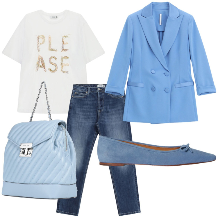 Outfit donna - Ufficio style. Stile Casual chic per Ufficio. Abbinamento con zaini, jeans, t-shirt, blazer, ballerine.