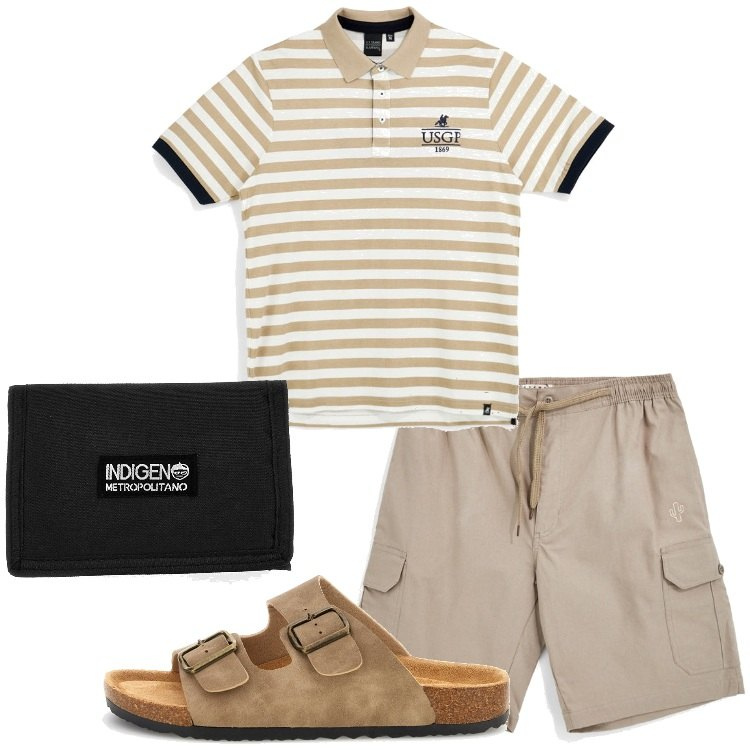 Outfit uomo - Pittarello - Summer Collection. Stile Casual per Tutti i giorni. Abbinamento con portafogli, bermuda, polo, sandali.