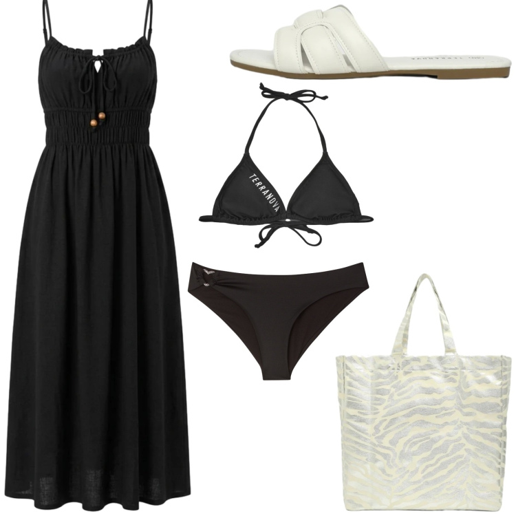 Outfit donna - Aperitivo vista mare. Stile Minimal per Mare. Abbinamento con vestiti lunghi, shopping bag, bikini, bikini, ciabatte.